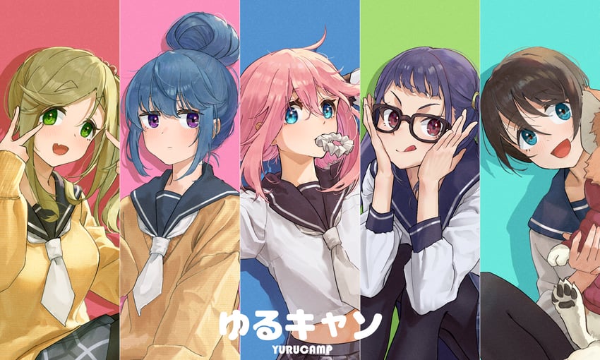 shima rin, kagamihara nadeshiko, inuyama aoi, oogaki chiaki, and saitou ena (yurucamp) drawn by duang_(user_tsag8258)
