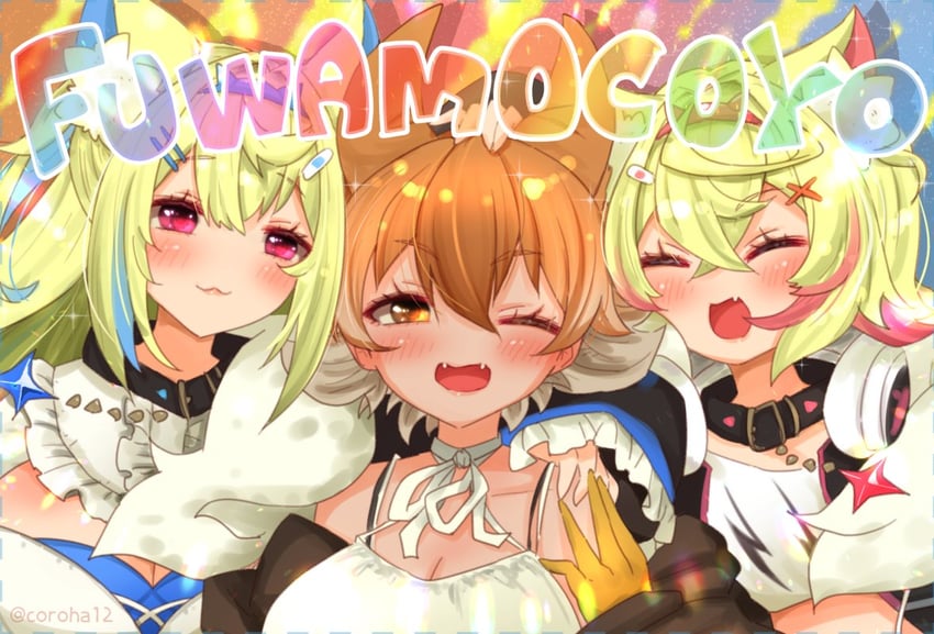 fuwawa abyssgard, mococo abyssgard, and coyote (hololive and 3 more) drawn by coroha