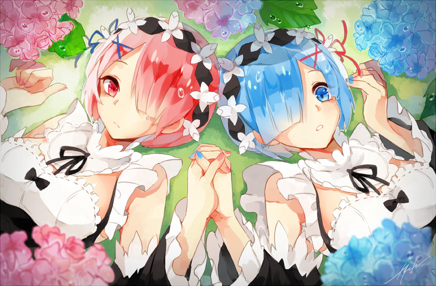 rem and ram (re:zero kara hajimeru isekai seikatsu) drawn by hyde_(hai-do)
