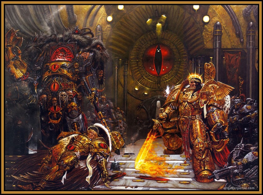 adeptus astartes, chaos space marine, emperor of mankind, sanguinius, and horus lupercal (warhammer 40k) drawn by adrian-smith