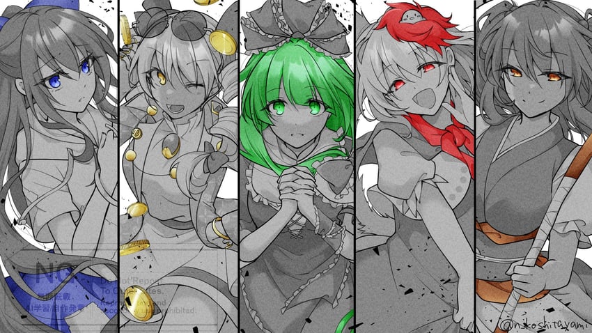 kagiyama hina, onozuka komachi, yorigami shion, yorigami jo'on, and niwatari kutaka (touhou) drawn by koshitayami_nawashiro