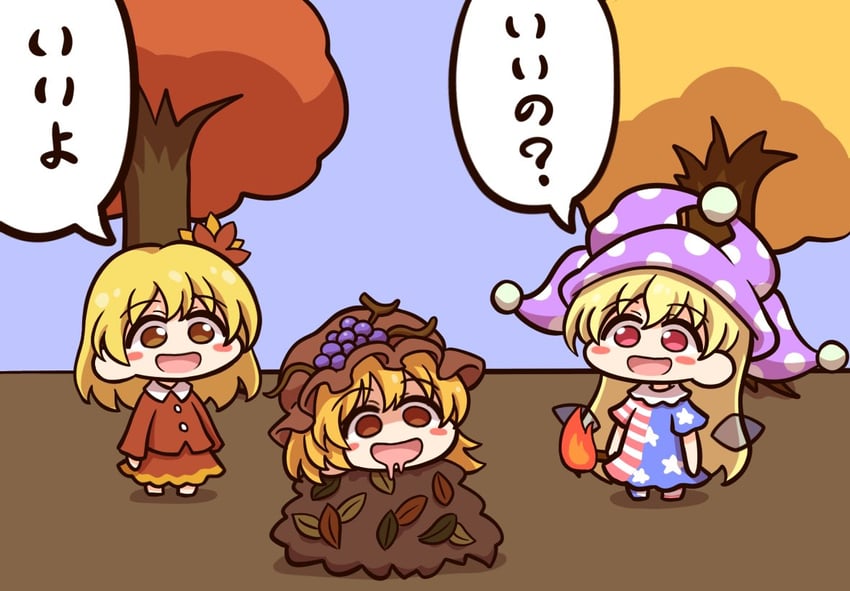 clownpiece, aki minoriko, and aki shizuha (touhou) drawn by shitacemayo