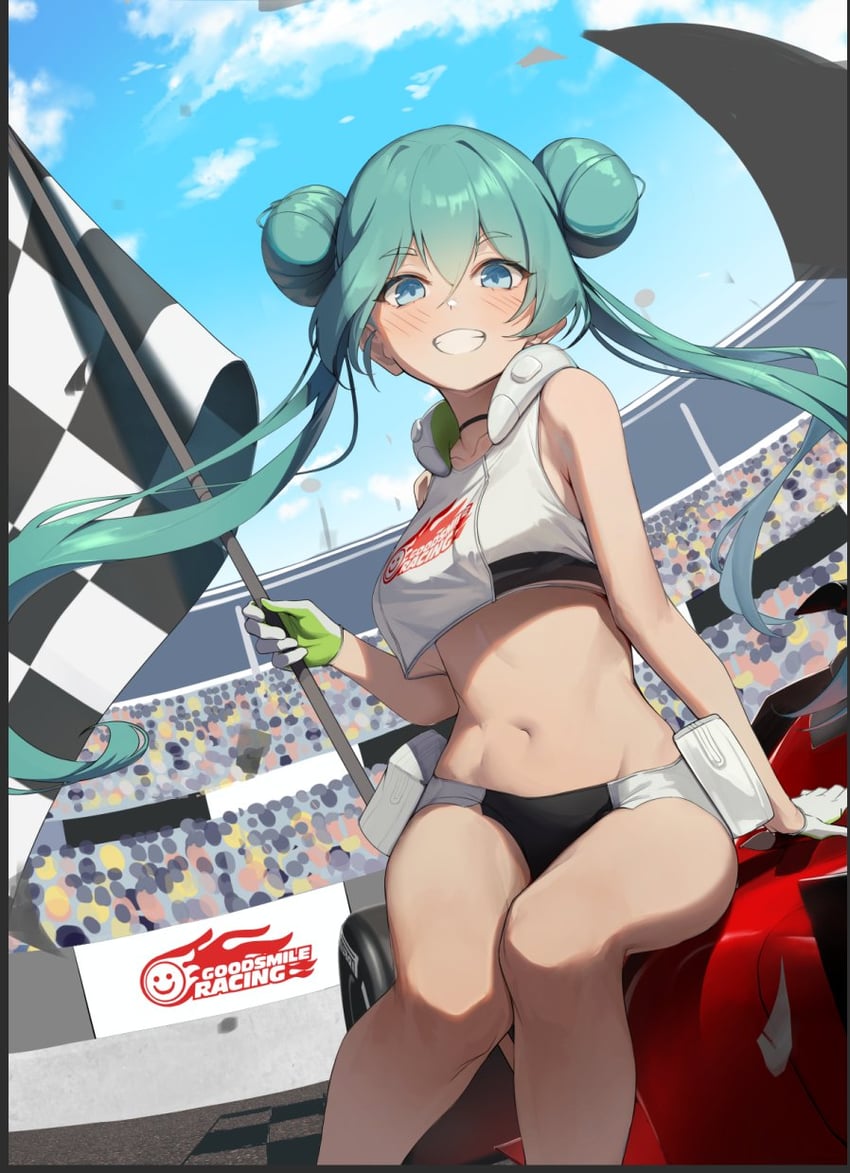 hatsune miku and racing miku (vocaloid and 1 more) drawn by dampi