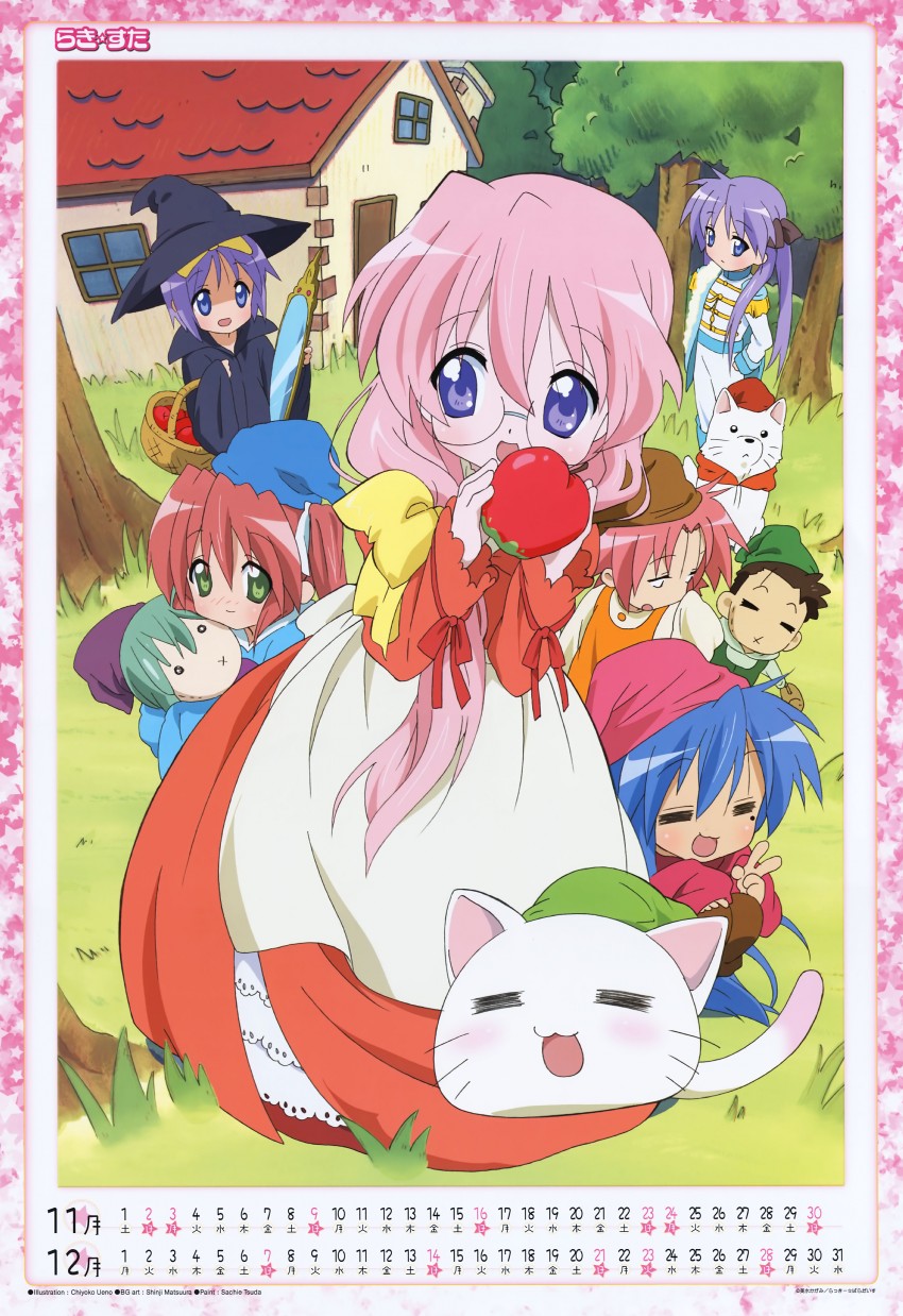 hiiragi kagami, izumi konata, hiiragi tsukasa, takara miyuki, kobayakawa yutaka, and 6 more (original and 2 more) drawn by ueno_chiyoko