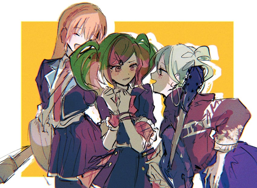 hatsune miku, megurine luka, vivid bad squad miku, leo/need miku, and leo/need luka (vocaloid and 1 more) drawn by karanagare