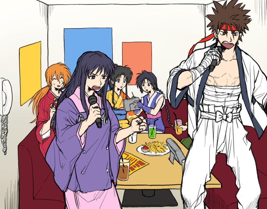 himura kenshin, kamiya kaoru, sagara sanosuke, makimachi misao, myoujin yahiko, and 1 more (rurouni kenshin) drawn by mame_moyashi