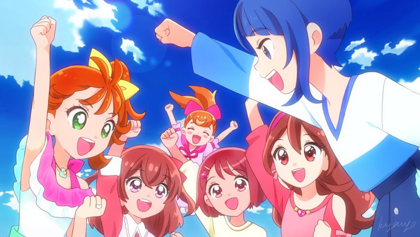 sora harewataru, inukai komugi, hanadera nodoka, nagomi yui, natsuumi manatsu, and 1 more (precure and 6 more) drawn by kyanos_(b_0000ff)