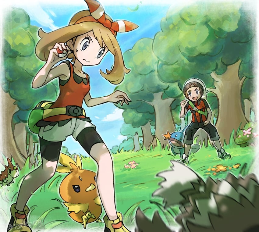 may, brendan, torchic, mudkip, wurmple, and 1 more (pokemon and 1 more) drawn by tankbumg