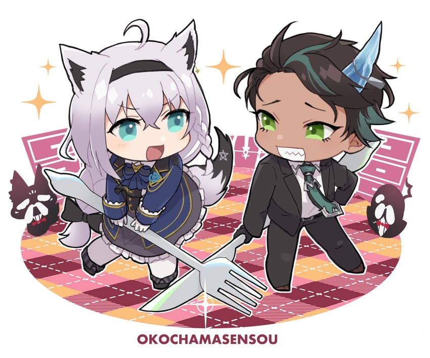 shirakami fubuki and aragami oga (hololive and 2 more) drawn by mioto_(tsubsq_m)