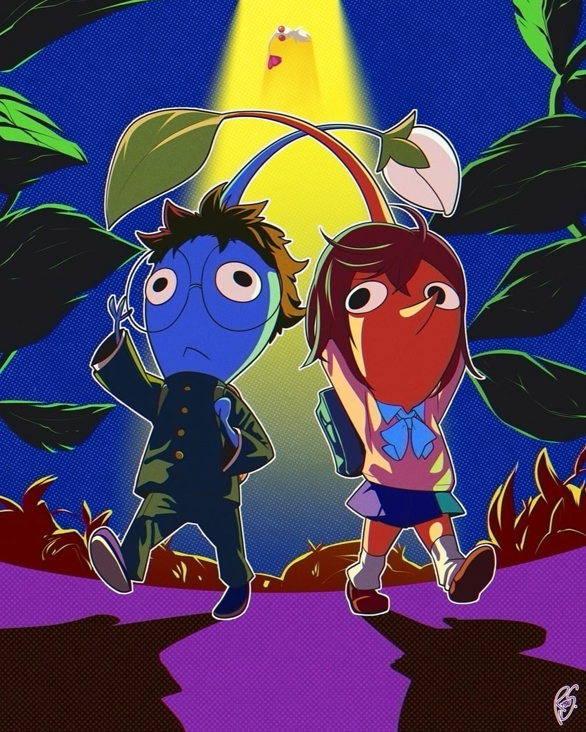 ayase momo, takakura ken, red pikmin, blue pikmin, and white pikmin (dandadan and 1 more) drawn by ryou_sakai