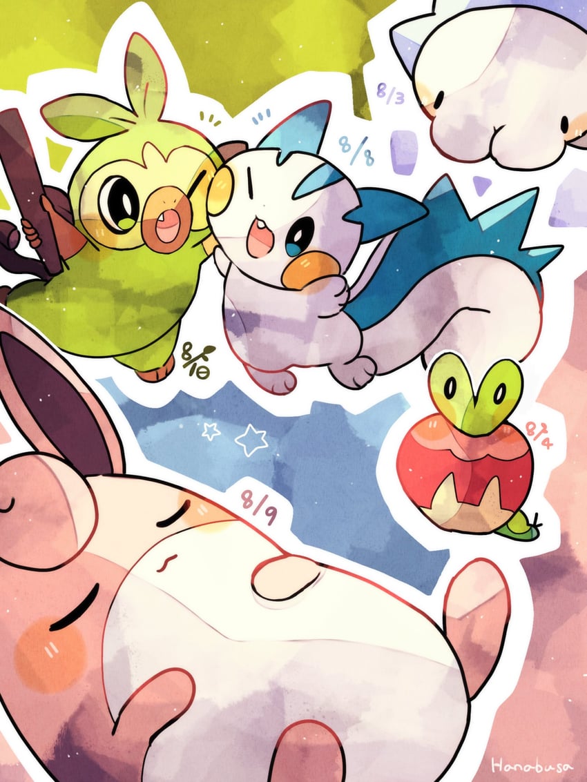 grookey, pachirisu, applin, snom, and wigglytuff (pokemon) drawn by hanabusaoekaki