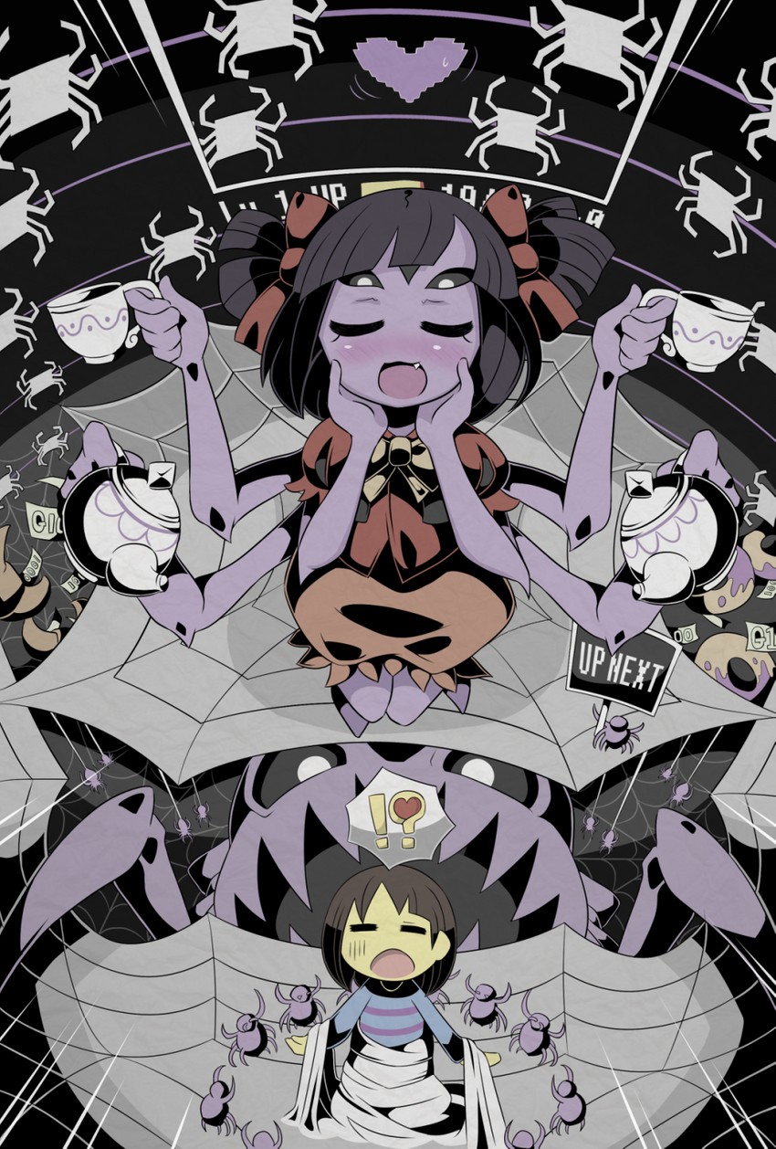 frisk, muffet, and muffet's pet (undertale) drawn by koikawa_hayato