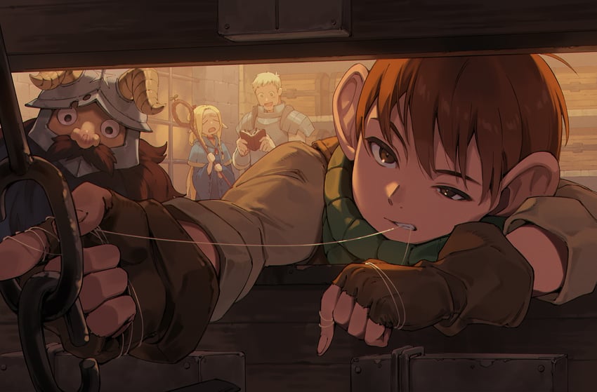 marcille donato, laios touden, senshi, and chilchuck tims (dungeon meshi) drawn by cocodar