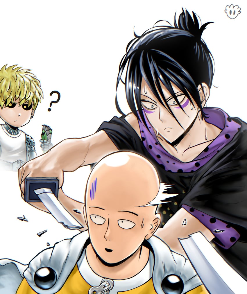 saitama, genos, and onsoku no sonic (one-punch man) drawn by devovas