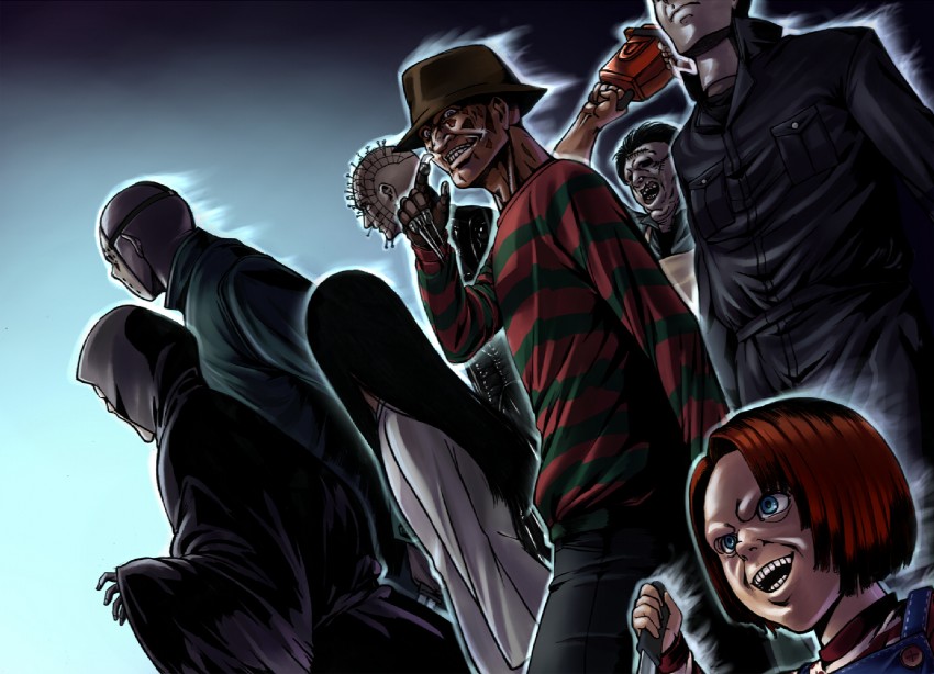 yamamura sadako, jason voorhees, ghostface, freddy krueger, michael myers, and 3 more (the ring and 7 more) drawn by edo_tatsuki