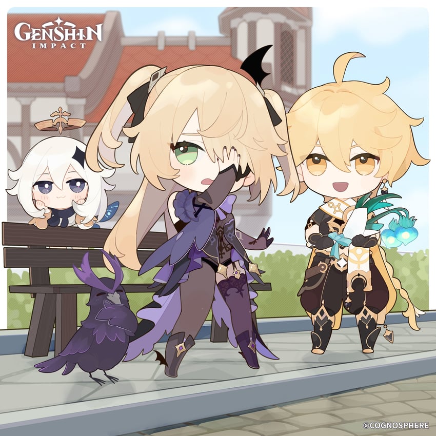 aether, paimon, fischl, and oz (genshin impact)