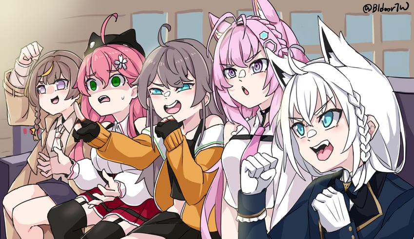 shirakami fubuki, sakura miko, natsuiro matsuri, hakui koyori, and anya melfissa (hololive and 1 more) drawn by bidortw