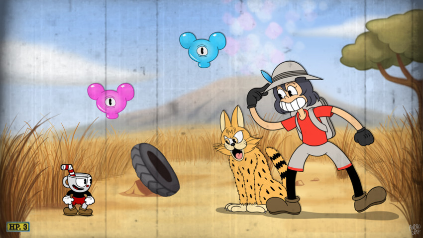 serval, kaban, cellien, and cuphead (kemono friends and 1 more) drawn by andro_juniarto
