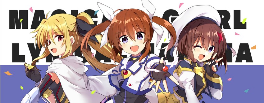 fate testarossa, takamachi nanoha, yagami hayate, raising heart, and bardiche (lyrical nanoha and 1 more) drawn by yuukome_(tekunon)