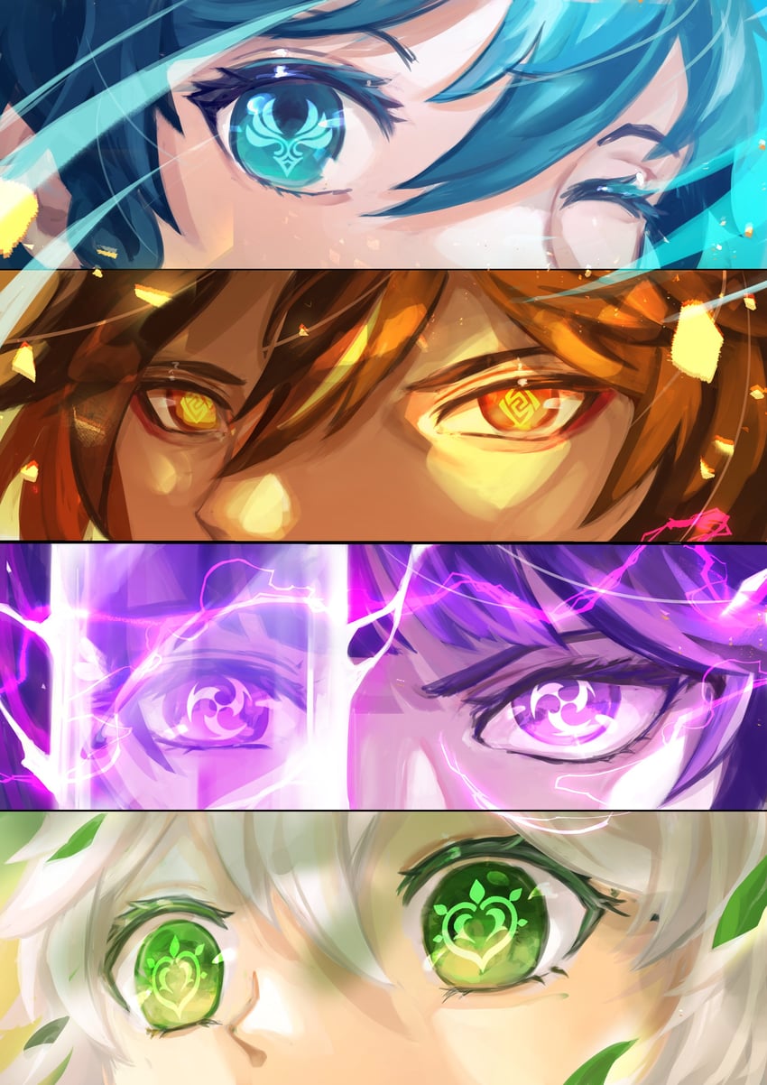 raiden shogun, nahida, zhongli, and venti (genshin impact) drawn by ceri_obt