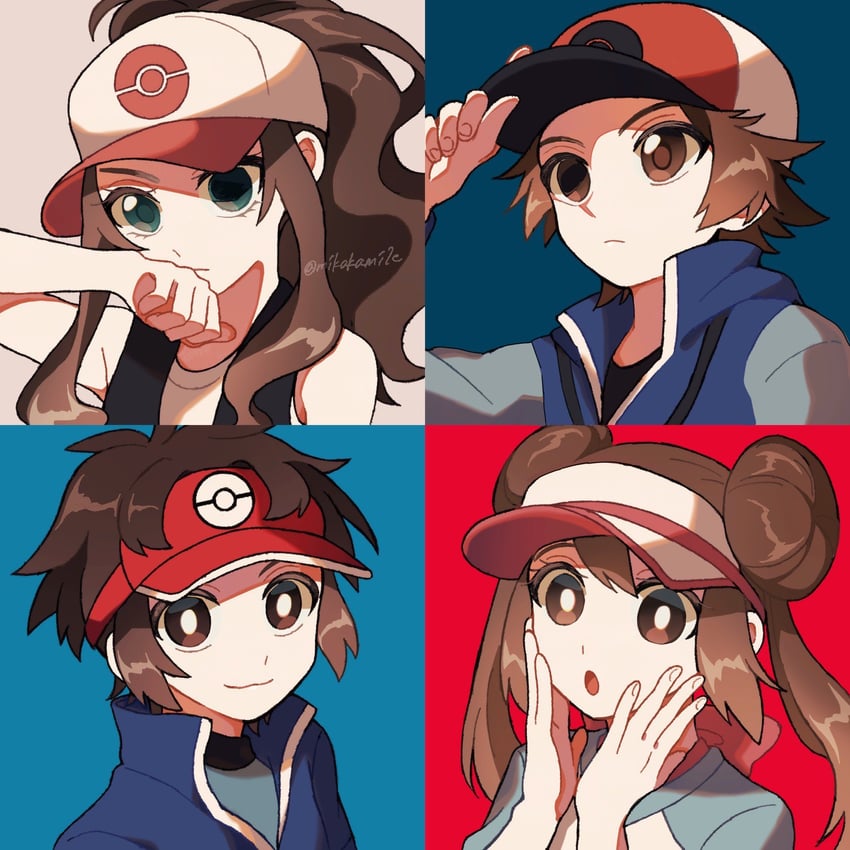 rosa, hilda, hilbert, and nate (pokemon and 2 more) drawn by mikakami1e