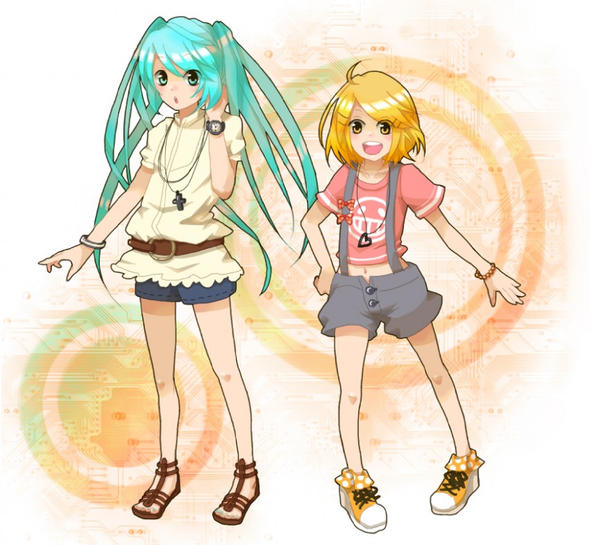 hatsune miku and kagamine rin (vocaloid) drawn by rikuo_(ikuran)