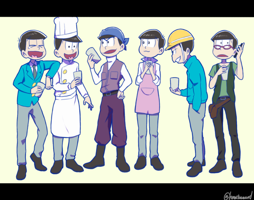 matsuno osomatsu, matsuno karamatsu, matsuno ichimatsu, matsuno jyushimatsu, matsuno choromatsu, and 1 more (osomatsu and 1 more) drawn by hebii