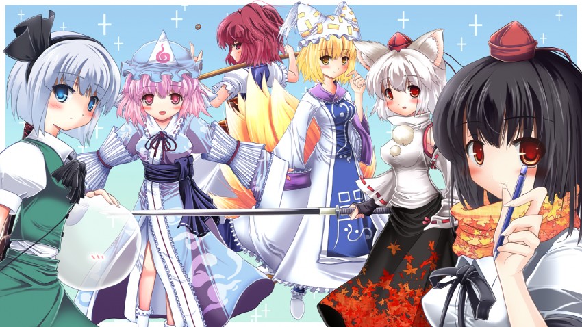 konpaku youmu, shameimaru aya, saigyouji yuyuko, inubashiri momiji, yakumo ran, and 1 more (touhou) drawn by windfeathers