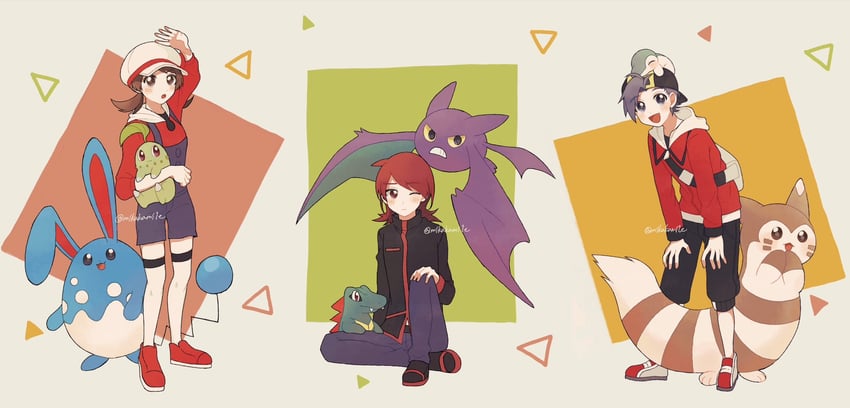 ethan, lyra, silver, cyndaquil, chikorita, and 4 more (pokemon and 1 more) drawn by mikakami1e