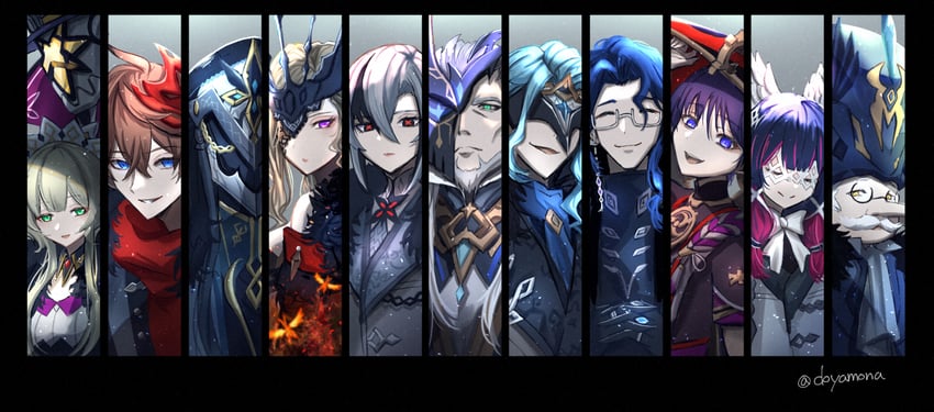 scaramouche, tartaglia, arlecchino, columbina, signora, and 6 more (genshin impact) drawn by nanamo_yado