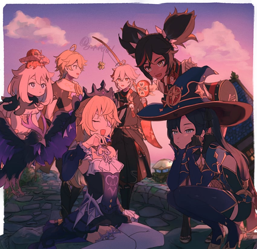 aether, mona, paimon, kaedehara kazuha, oz, and 2 more (genshin impact) drawn by suitchi_(gn4othi61)