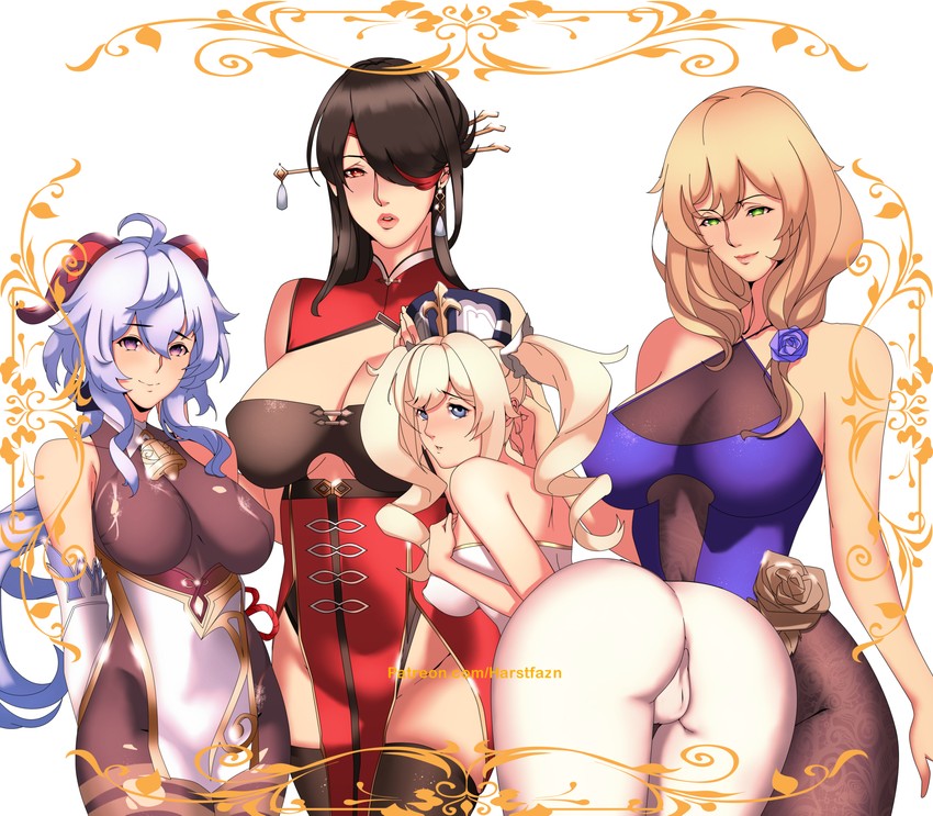 ganyu, barbara, lisa, and beidou (genshin impact) drawn by harstfazn