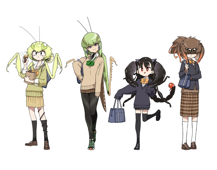 mantis akiyama, grasshopper inoue, scorpion tsuchida, and spider itou (original and 1 more) drawn by evolvingmonkey