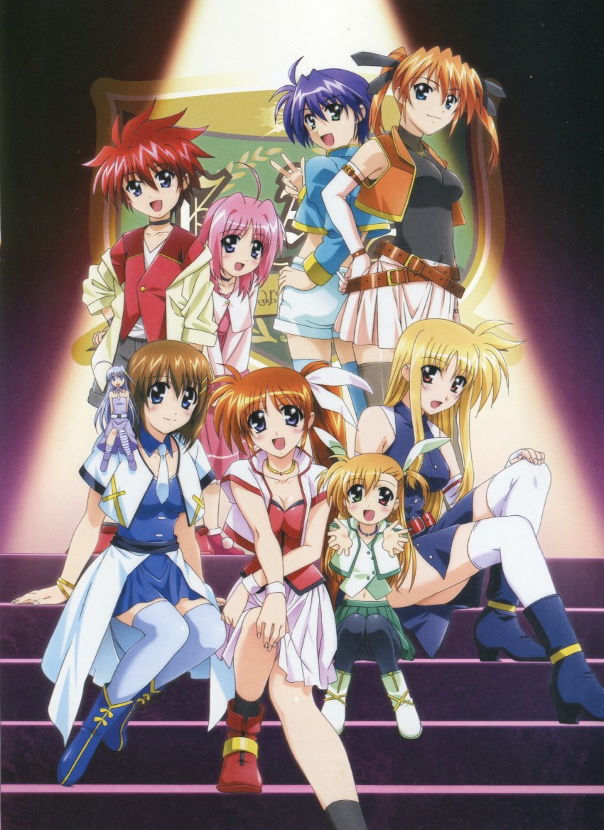 fate testarossa, takamachi nanoha, yagami hayate, vivio, subaru nakajima, and 4 more (lyrical nanoha and 1 more) drawn by okuda_yasuhiro