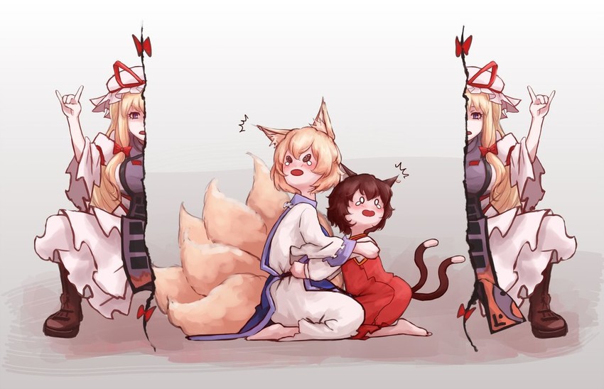 yakumo yukari, yakumo ran, and chen (touhou) drawn by hoshibuchi