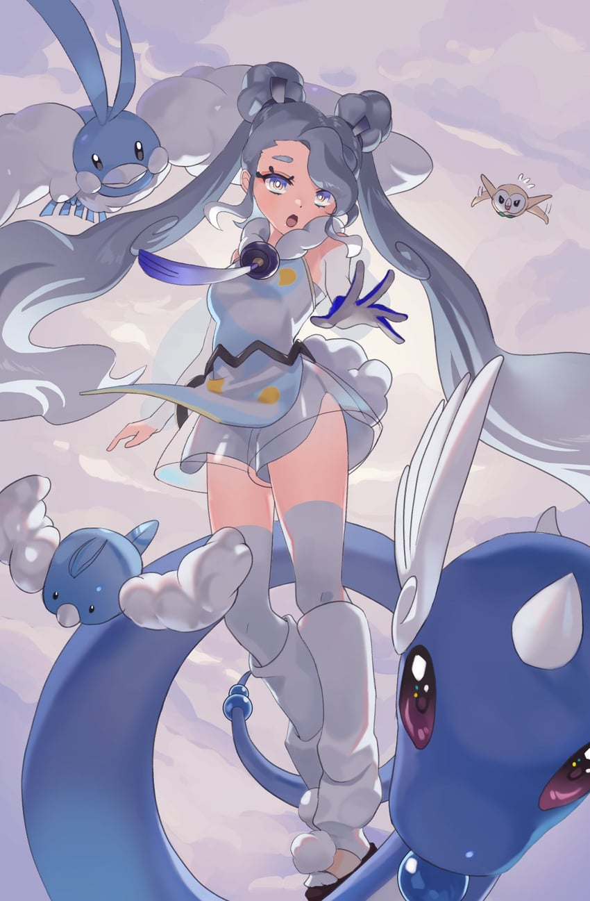 hatsune miku, rowlet, altaria, swablu, dragonair, and 1 more (pokemon and 2 more) drawn by kanataeni