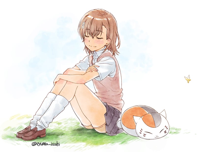 misaka mikoto and nyanko-sensei (toaru majutsu no index and 2 more) drawn by isshi_pyuma
