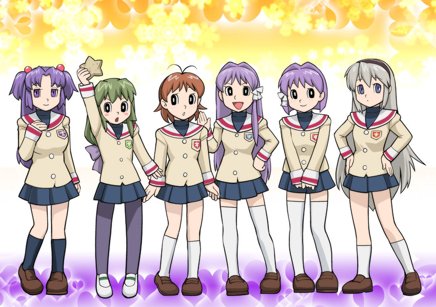 furukawa nagisa, fujibayashi kyou, ibuki fuuko, sakagami tomoyo, ichinose kotomi, and 1 more (clannad) drawn by ueyama_michirou