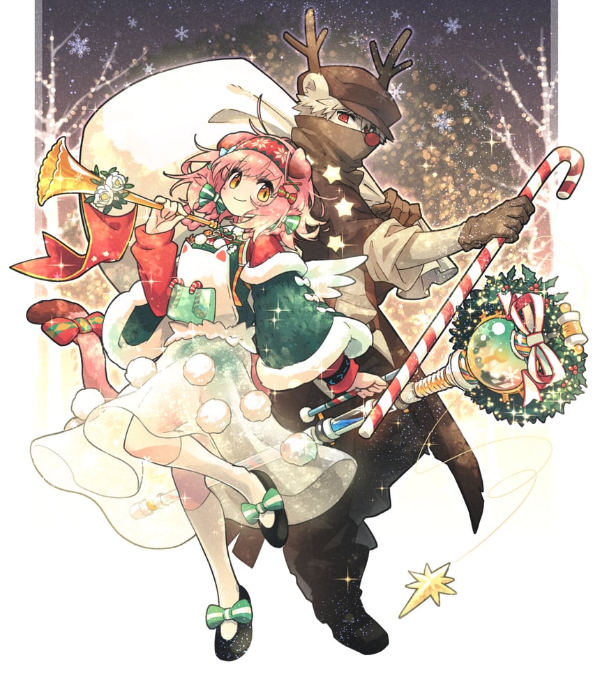 goldenglow, rudolph the red nosed reindeer, and red (arknights) drawn by morini_ochiteru