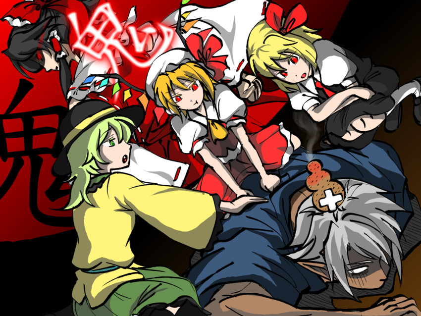hakurei reimu, flandre scarlet, komeiji koishi, rumia, and buront (touhou and 3 more) drawn by maruman