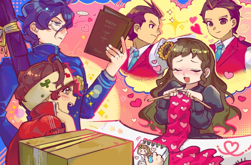 apollo justice, juniper woods, hugh o'conner, robin newman, and myriam scuttlebutt (ace attorney and 1 more) drawn by danwhiteiron
