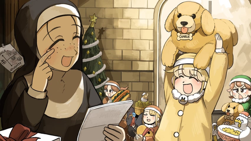 clumsy nun, froggy nun, spicy nun, hungry nun, and freckles nun (little nuns) drawn by diva_(hyxpk)