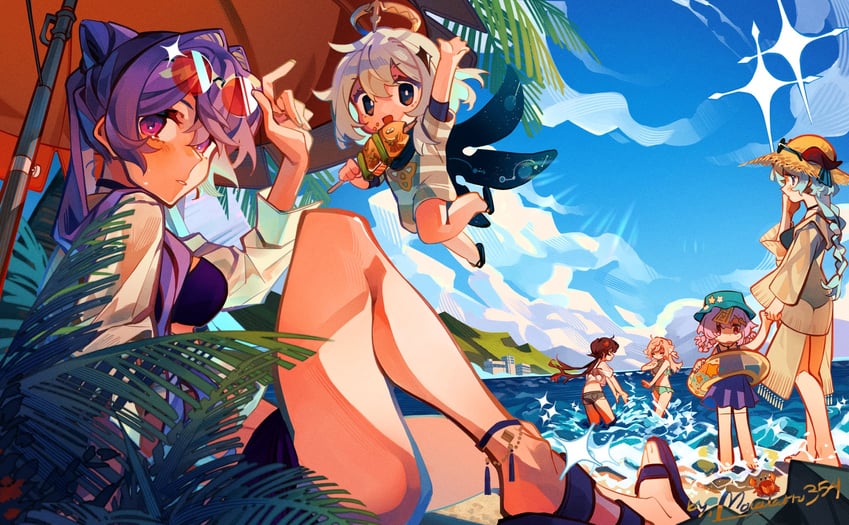 ganyu, hu tao, keqing, paimon, qiqi, and 1 more (genshin impact) drawn by moca354