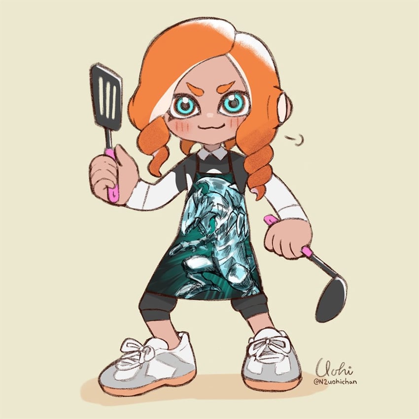 octoling player character, octoling girl, and blue-eyes white dragon (yu-gi-oh! and 1 more) drawn by n2uohichan