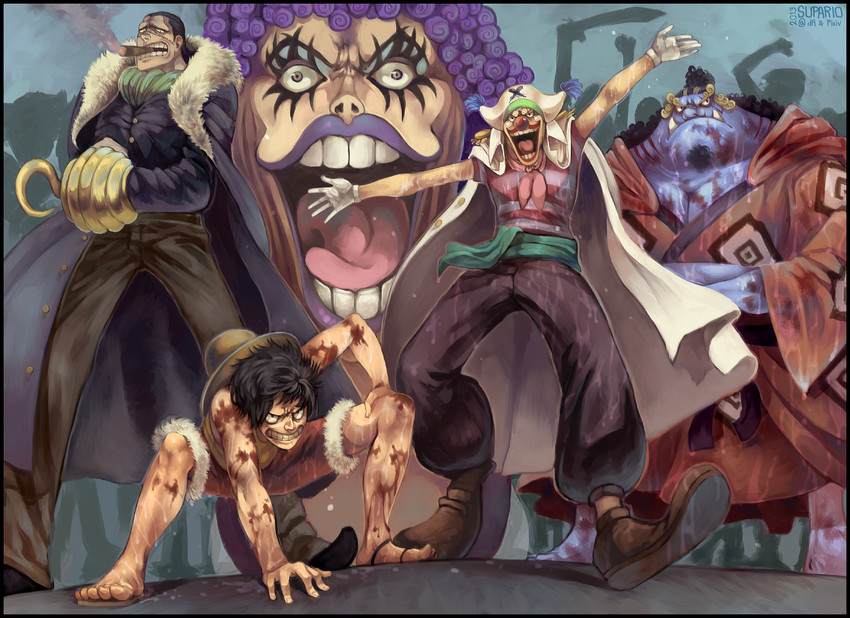monkey d. luffy, crocodile, buggy the clown, jinbe, and emporio ivankov (one piece) drawn by supario