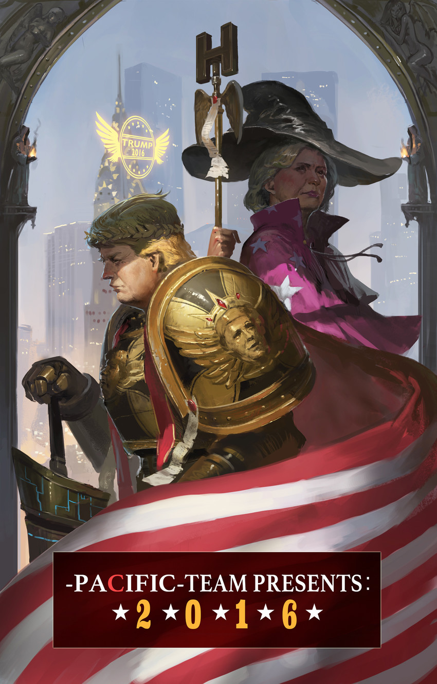 emperor of mankind, donald trump, and hillary clinton (fate and 2 more) drawn by jeanex