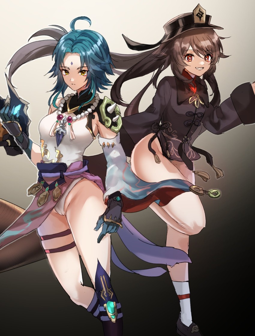 hu tao, zhongli, and xiao (genshin impact) drawn by hominamia