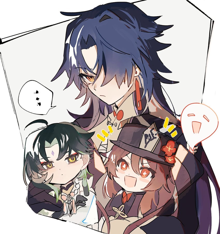 hu tao, xiao, boo tao, and blade (genshin impact and 3 more) drawn by loomyoi2