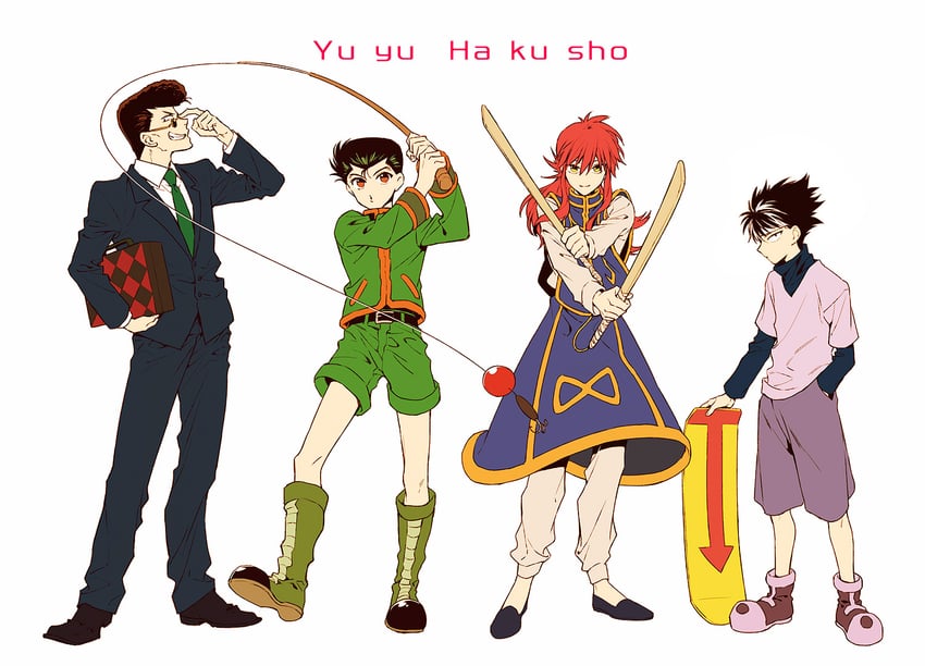killua zoldyck, kurapika, gon freecss, leorio paladiknight, kurama, and 3 more (hunter x hunter and 1 more) drawn by hoyano_(maimai)