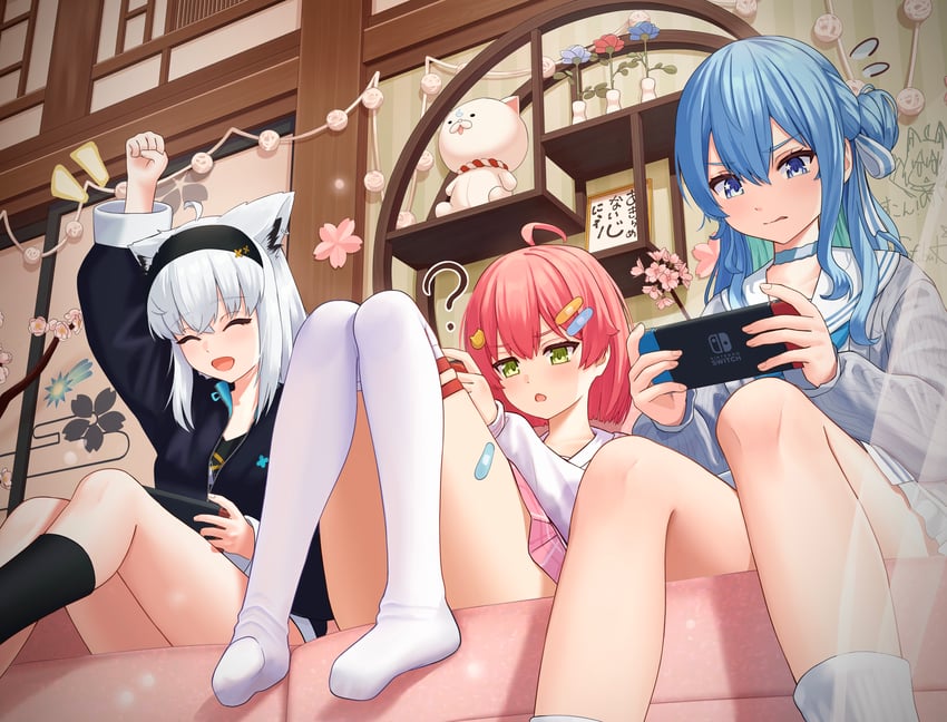 shirakami fubuki, hoshimachi suisei, sakura miko, and 35p (hololive) drawn by asakura_(asa_t77)